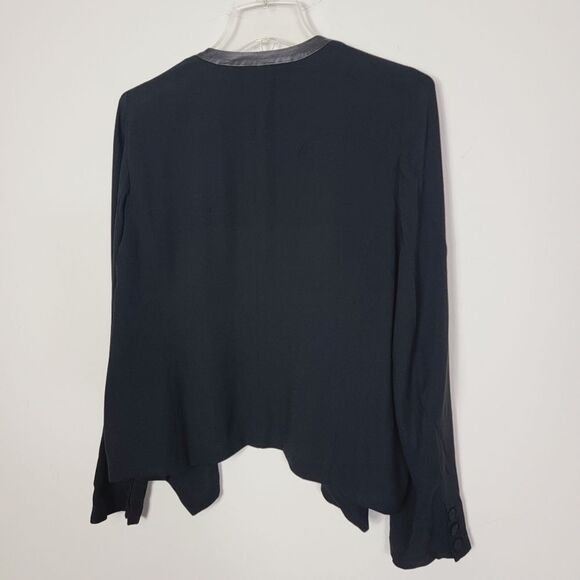 Eileen Fisher 100% Silk Chiffon Drape Front Blazer Leather Trim Black Small - Picture 5 of 12